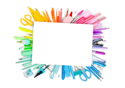 Back to school concept of stationery around blank paper sheet