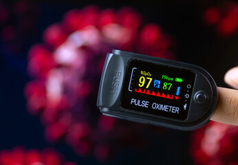 Oximeter in a finger for checking oxygen saturation in blood and heart rate, with blurred Covid-19...