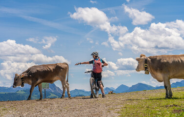 nice senior woman with mountain bike in conversation with a  curious milk cow in the Allgaeu mountains near village of Oberjoch, Allgaeu mountains,  Bavaria, Germany