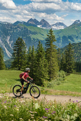 Naklejka premium nice senior woman on mountain bike climbing up Mount Fellhorn in the Allgaeu High Alps with Trettach and Maedelegabel in background, Allgau, Bavaria, Germany