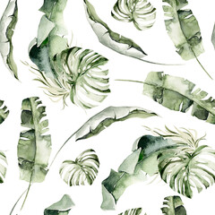 Watercolor floral seamless pattern. Hand painted tropcal leaves, palm leaf, jungle branches. Greenery isolated on white background. Botanical illustration for textile, print, digital paper © 60seconds