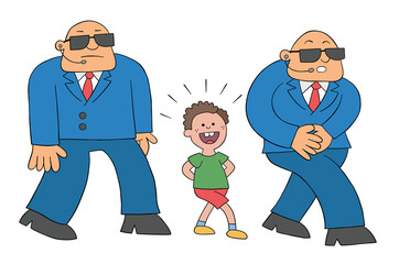 Cartoon little boy walking around with 2 scary guards, vector illustration