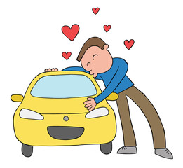 Cartoon man loves his car and hugs and kisses, vector illustration