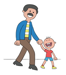 Cartoon father and son holding hands and walking and very happy, vector illustration