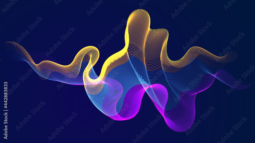 Poster wave line of flowing particles over dark abstract vector background, smooth curvy shape shining dots