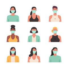 People portraits of young women wearing protective masks, female faces avatars isolated icons set, vector design flat style illustration