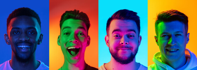Portraits of group of people, young man on multicolored background in neon light, collage.