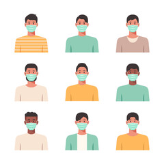 People portraits of young men wearing protective masks, male faces avatars isolated icons set, vector design flat style illustration