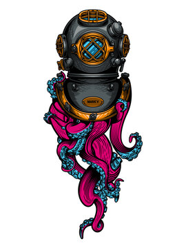 Vintage diving helmet with tentacles. Colorful hand drawn vector illustration in engraving technique of "Mark V" diving helmet and tentacles of an octopus isolated on black background.  