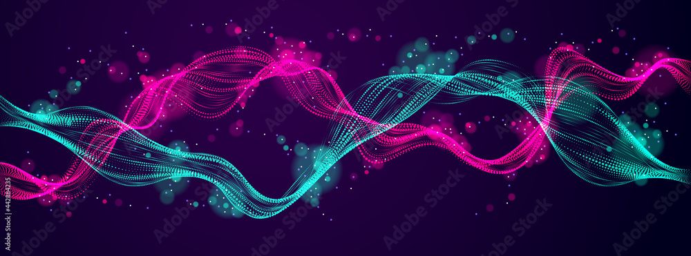 Poster flowing energy particles, mutual wave of blended dots over dark. curved dotted 3d double lines vecto