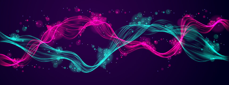 Flowing energy particles, mutual wave of blended dots over dark. Curved dotted 3d double lines vector illustration. 3d futuristic technology style with glowing shining effect.