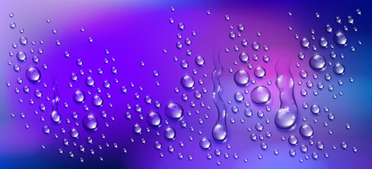 Water drops in shower or pool, condensate or rain droplets realistic transparent vector illustration, easy to put over any background or use droplets separately.