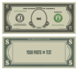 Sample obverse and reverse of fictional paper money in the style of US dollars with inscriptions - your photo or text, image. Blank with guilloche frame and bank seals - obrazy, fototapety, plakaty