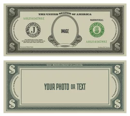 Fotobehang Sample obverse and reverse of fictional paper money in the style of US dollars with inscriptions - your photo or text, image. Blank with guilloche frame and bank seals © GAlexS
