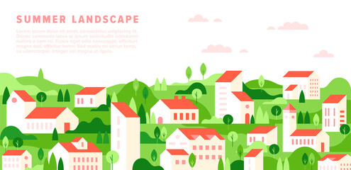 Vector summer cityscape in simple minimal geometric flat style. Horizontal spring summer landscape with buildings, house, tree, hill, field. City building houses view illustration. Minimal cityscape