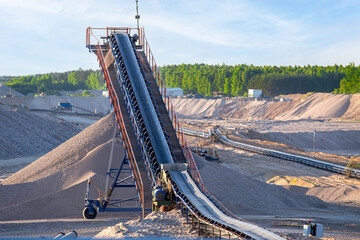 Sand aggregate mine. Conveyor belt. Poland