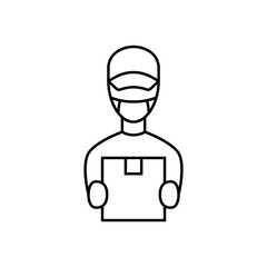 Courier in face mask linear icon. Safety delivery