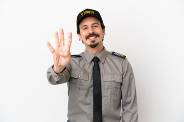 Young caucasian security man isolated on white background happy and counting four with fingers
