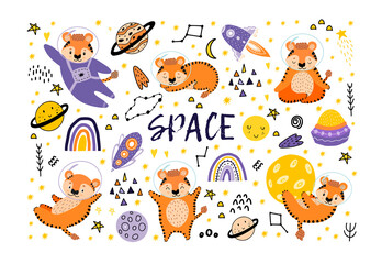 The Year of the Tiger is 2022. Happy New Year. Cute set with tigers in space.Wild animals in a spacesuit with the moon, stars, rainbows, spaceships, flying saucers, milky ways, planets. 