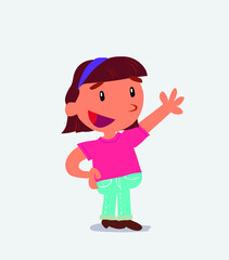 cartoon character of little girl on jeans explaining something while pointing