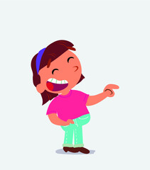  cartoon character of little girl on jeans points to his side while laughing