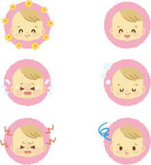 イラスト素材:かわいい赤ちゃんが喜怒哀楽の表情を見せるアイコンマークシリーズ　手描きテイスト2
