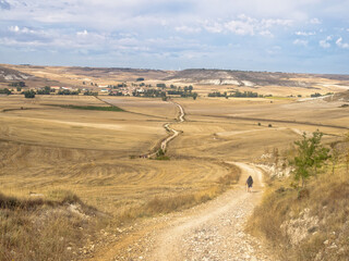 Pilgrims walk across the Meseta (central plateau) towards Hornillos del Camino - Castile and Leon,...
