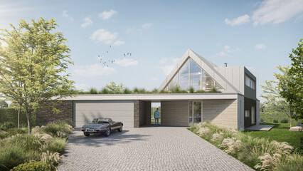 Rendering of modern house with green roof. Residental building visualization.