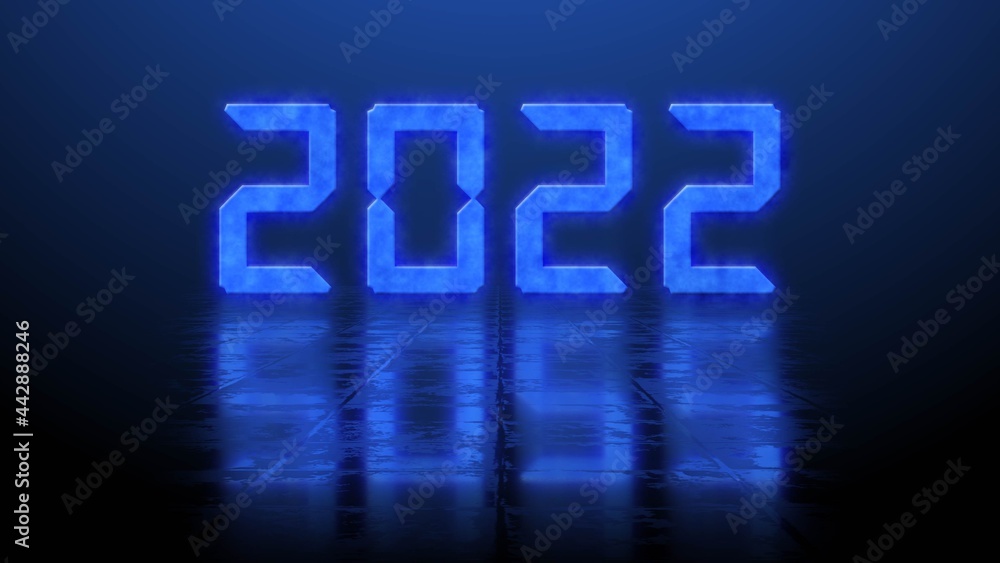 Poster year change 2022 - blurred blue year digits with reflection effects on structured surface over illum