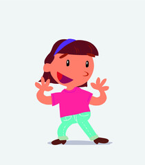 Pleasantly surprised cartoon character of little girl on jeans.