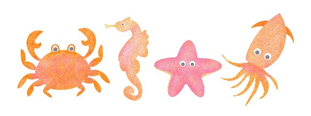 Set of four fantasy textured animals hand drawn digital illustration crab seahorse starfish octopus