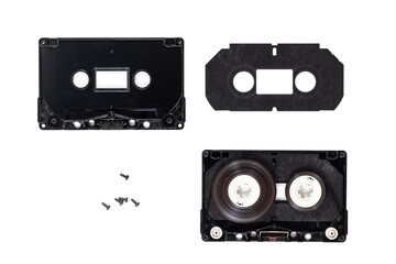 compact audio cassette detail part disassembled state isolated. Inside view compact audio cassette...