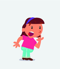 Unpleasantly surprised cartoon character of little girl on jeans looks to the side