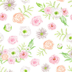 Watercolor seamless pattern with flowers and leaves. Elegant blush and peach color flower heads isolated on white. Peony, Eustoma plants. Botanical repeated background for wrapping, textile, cards.