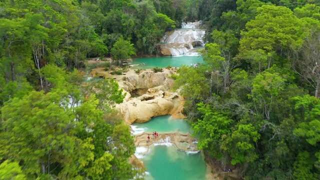 Aerial flyover of Cascadas Roberto Barrios waterfalls in Mexico