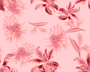 Fuchsia Monstera Texture. Pink Watercolor Background. Blur Banana Leaf Painting. Coral Seamless Textile. Pattern Garden. Tropical Jungle. Vintage Decor.