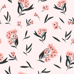 Seamless Pattern in Floral Style. Cute Pink Flowers on Light Background. Vector Illustration