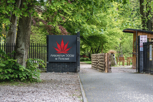 Rogow, Poland - May 23, 2020: Entry gate to Arboretum of Warsaw University of Life Sciences in Rogow, Lodz Province
