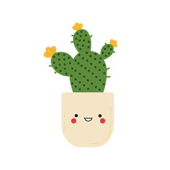 Little cactus in a cute funny pot vector illustration. Hand drawn prickly cacti in cartoon style on a white background