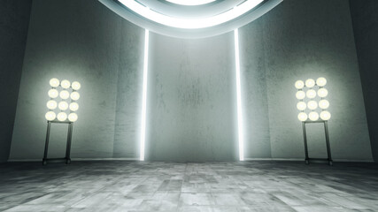 Virtual music stage background set with spotlights. Low angle front view. A 3D render backdrop, Ideal for solo musician live performance. Suitable on VR tracking system stage sets, with green screen.