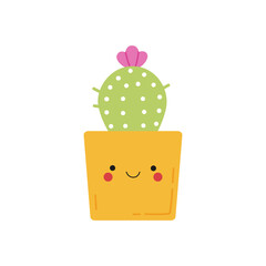 Baby cactus in a cheerful yellow pot isolated on white background. Kids vector kawaii illustration in cartoon style