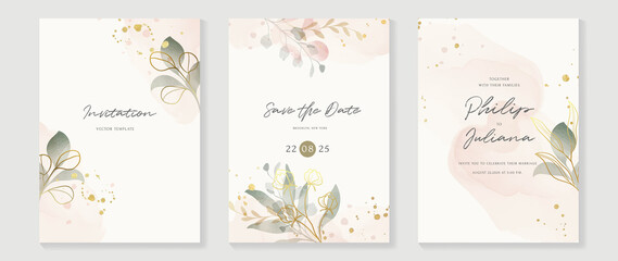 Obraz na płótnie Canvas Abstract art background vector. Luxury invitation card background with golden line art flower and botanical leaves, Organic shapes, Watercolor. Vector invite design for wedding and vip cover template.