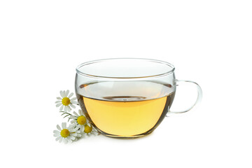 Cup of chamomile tea isolated on white background
