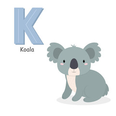 Letter K and a cute cartoon koala. Children's English alphabet. It is suitable for the design of postcards, books, leaflets, banners, birthday invitations. Colorful vector illustration