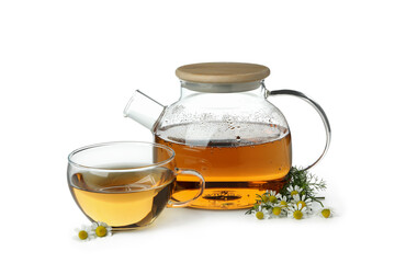 Cup and teapot of chamomile tea isolated on white background