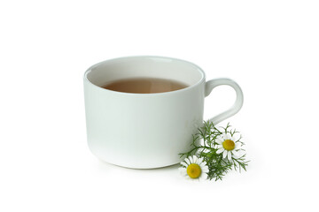 Cup of chamomile tea isolated on white background