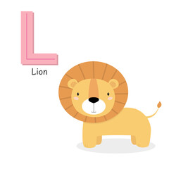 Letter L and a cute cartoon lion. Children's English alphabet. It is suitable for the design of postcards, books, leaflets, banners, birthday invitations. Colorful vector illustration