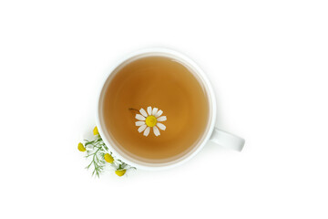 Cup of chamomile tea isolated on white background