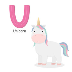 Letter U and a cute cartoon unicorn. Children's English alphabet. It is suitable for the design of postcards, books, leaflets, banners, birthday invitations. Colorful vector illustration