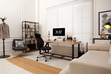 Home office interior with comfortable workplace near window